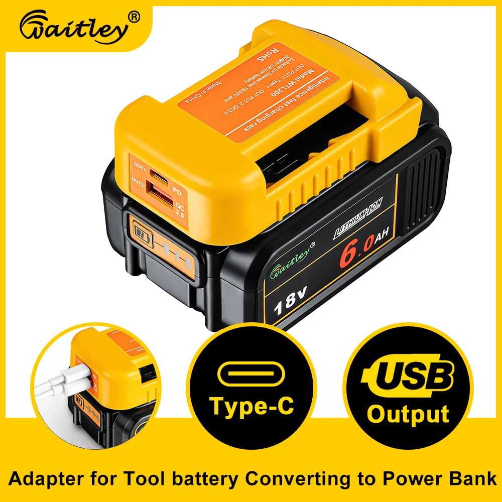 Adaptador de Carregamento Rápido Compatível com Bateria Dewalt, Rack Portátil, Interface Dupla, Power Bank, 18V, 54V, 20V, 60V Ferramenta