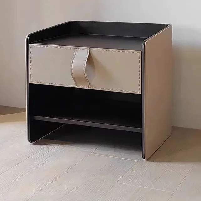 

Italian minimalist solid wood bedside table walnut bedroom saddle leather bedside cabinet light luxury solid wood storage cabine