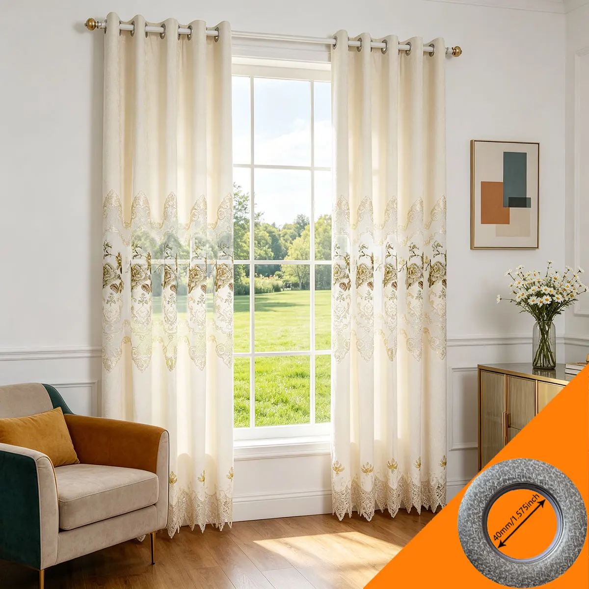 

Luxury Embroidered Curtains, Semi-Blackout Grommet Curtains for Living Room Bedroom