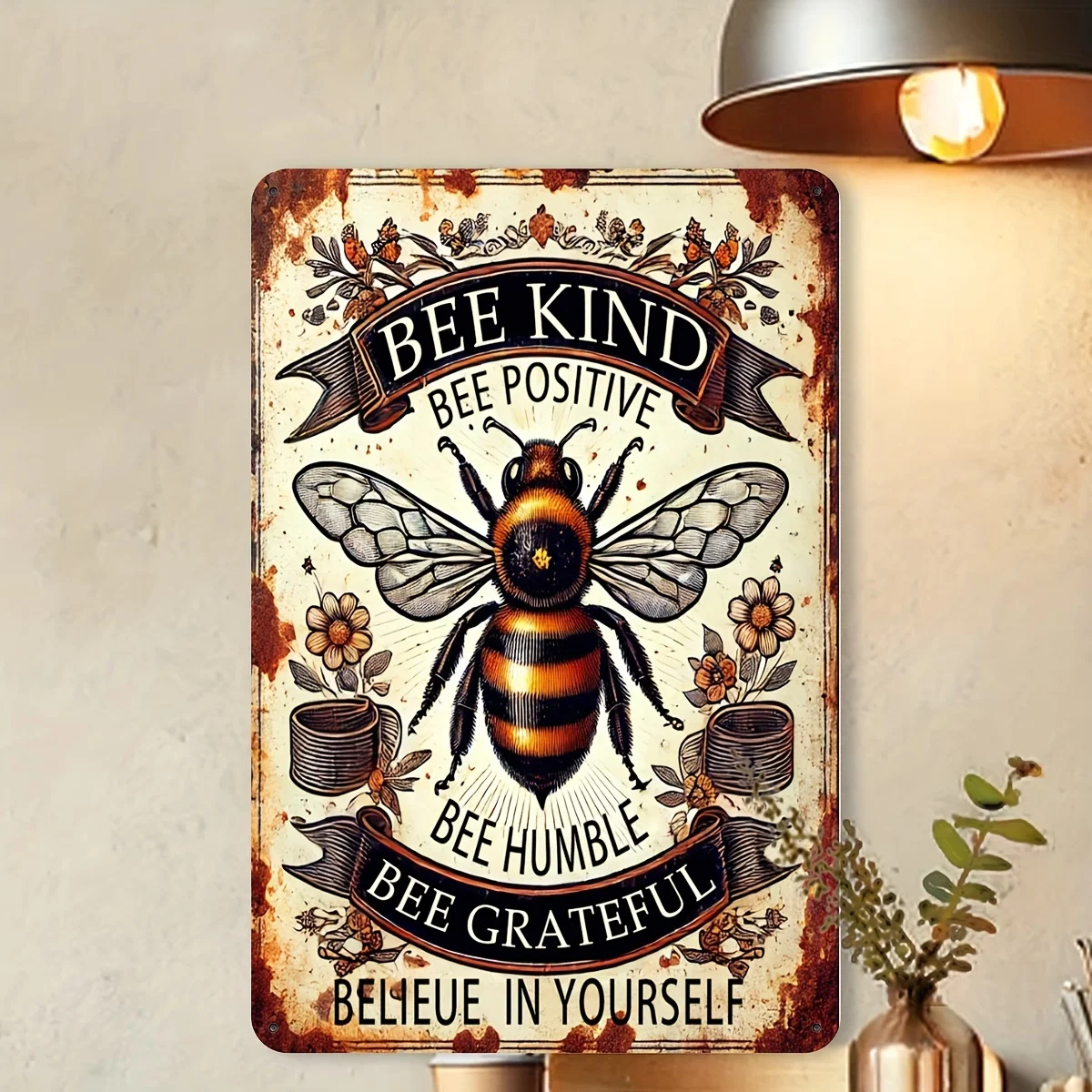 1 Vintage Bee Positive Slogan Sign - Rustic Farmhouse Style Wall Decor, Printed with 