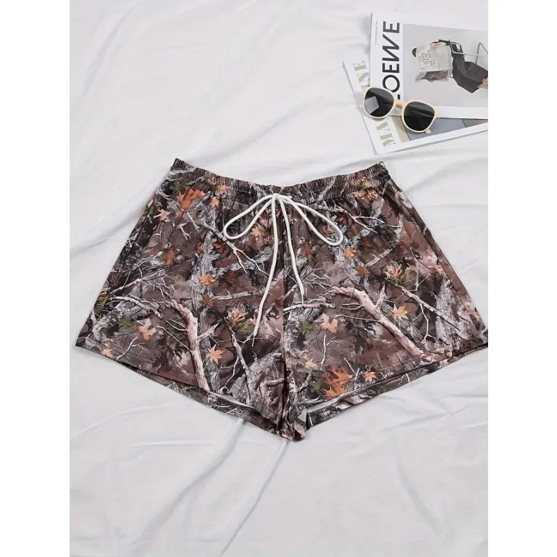 Plus Size 1XL-5XL Women's Fashionable Versatile Printed Elastic Waistband Drawstring Short Casual Pants