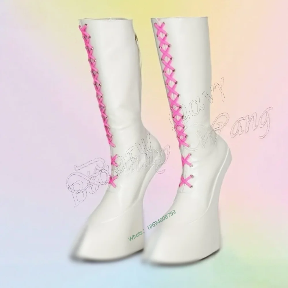 Blue White Rivet Decor Horse Proof Boots Strange Style Knee High Shoes for Women High Heel Party Shoes New Zapatos Para Mujere