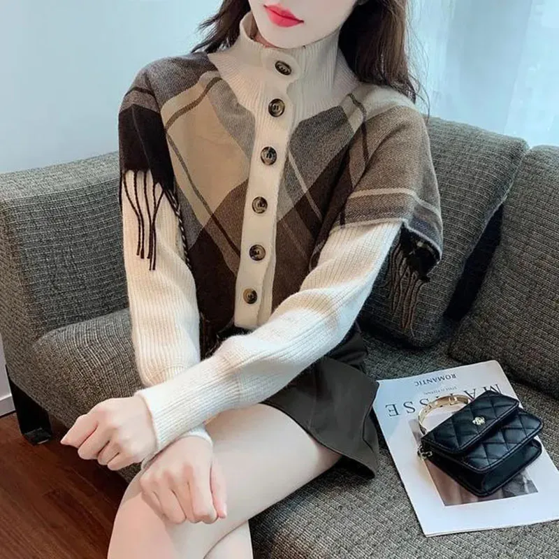 

Ladies' New Fashion Joker Fake Two-Piece Sweater Coat Women's Sweater Cardigan Stacked With Fringed Shawl And High Collar Design