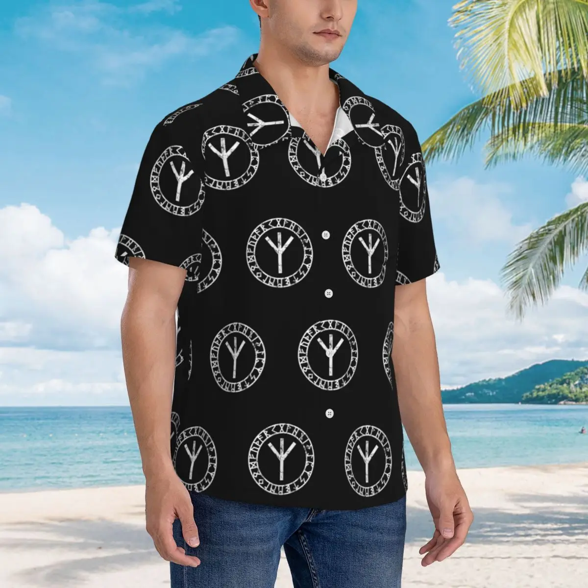 

Algiz Runes Amulet Norse Odin Thor Viking Paganism Hawaiian Shirts Men Short Sleeve Shirt for Summer Beach Men's Button Tops
