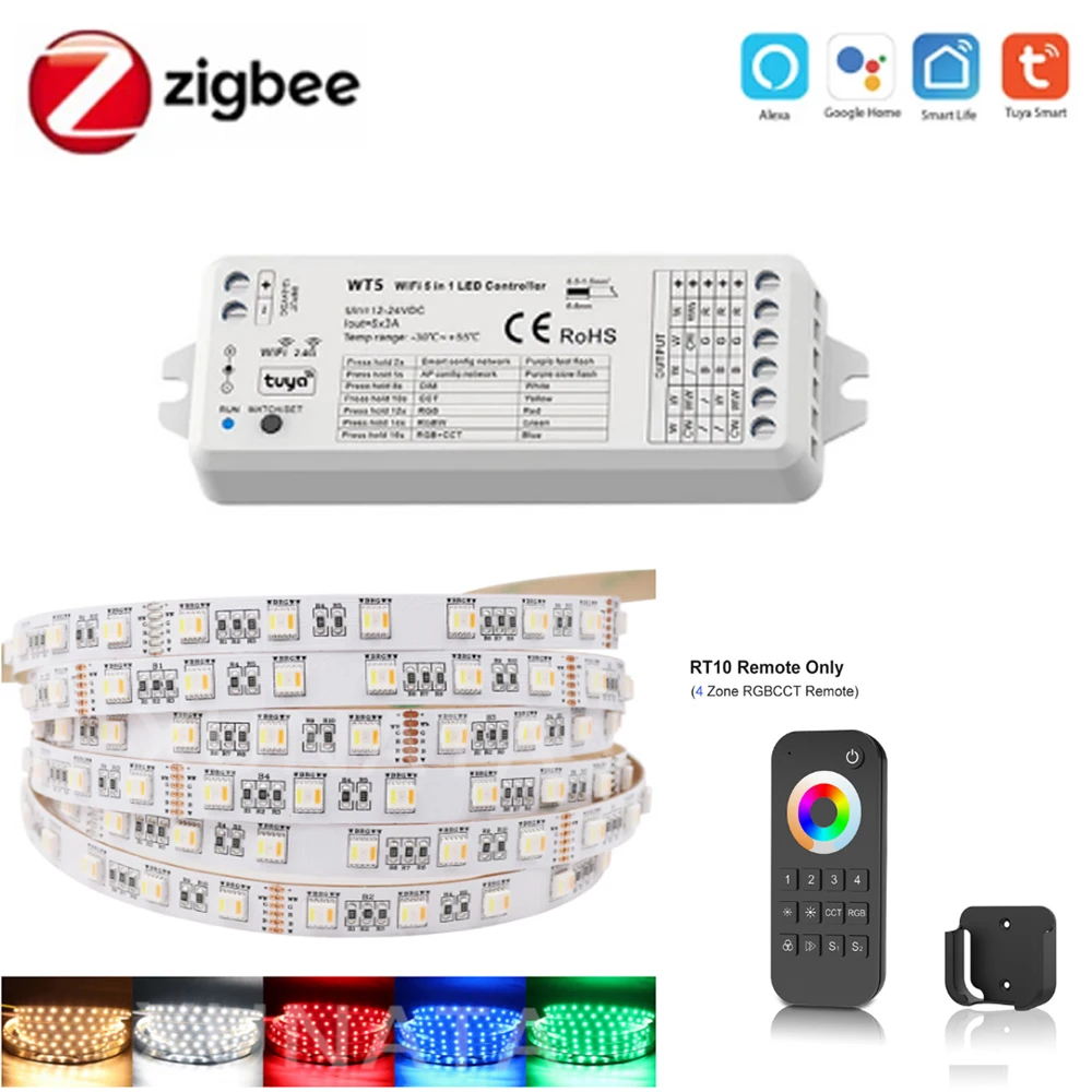 Tuya Zigbee 3.0 Smart LED Controller 12V 5in1 RGB+CCT RGBCW Strip 2.4G 1/4 zone Color Change Remote for Alexa Google Assistant