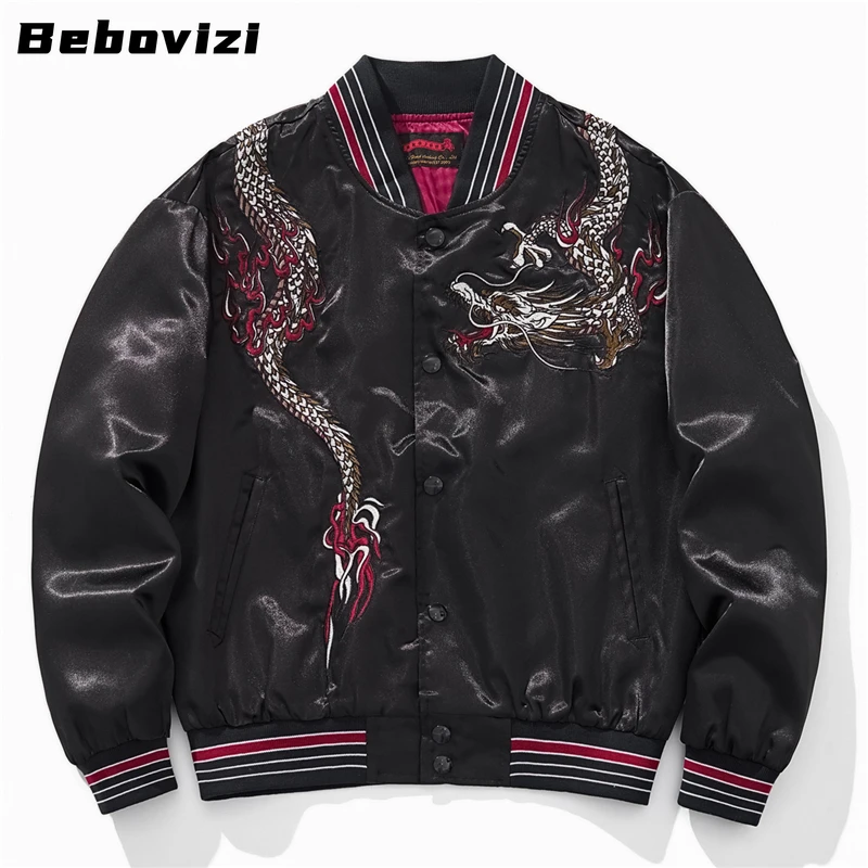 Men's Dragon Embroidery Jacket 2025 Button Black V-Neck Baseball Bomber Japanese Souvenir Style Autumn Vintage Streetwear Coat
