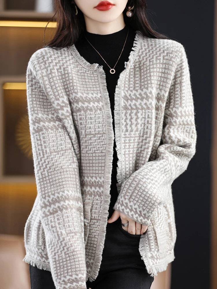 แฟชั่นผู้หญิงแคชเมียร์เสื้อสเวตเตอร์ถักฤดูใบไม้ร่วงฤดูหนาวหนาสบายๆหลวมสไตล์เสื้อกันหนาว 100% Merino ขนสัตว์เสื้อถัก Checkered รูปแบบ Tops