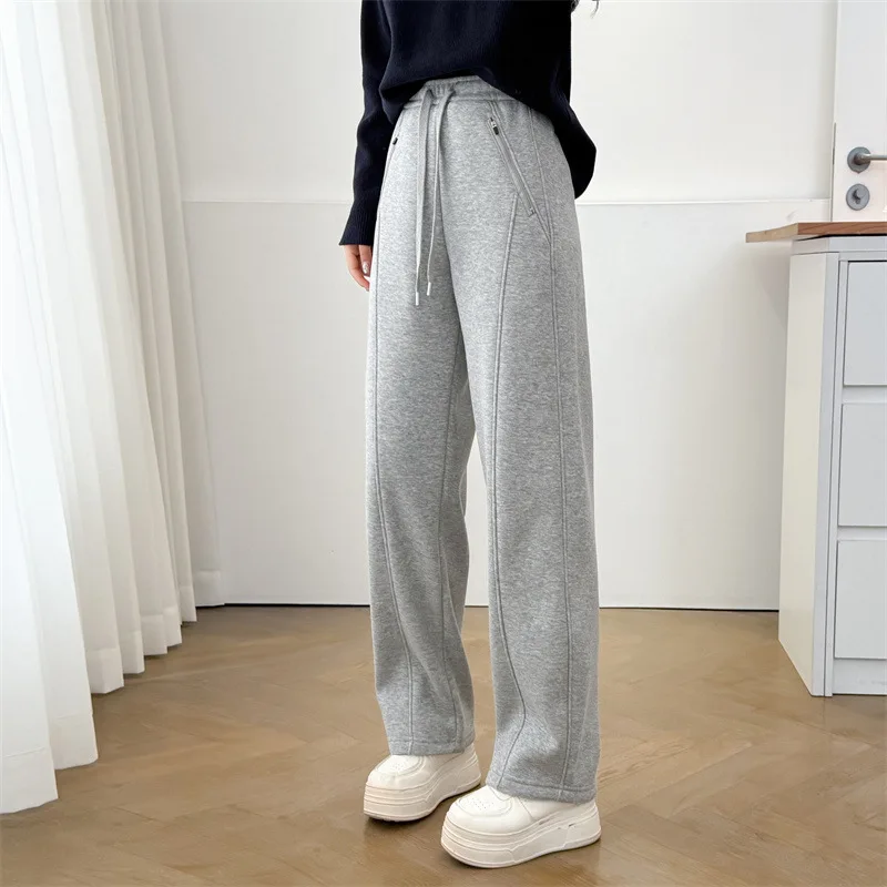 

XXXXL модная женская одежда больших размеров, прямые брюки, зима 2025, теплые флисовые и утолщенные повседневные брюки с карманами на молнии