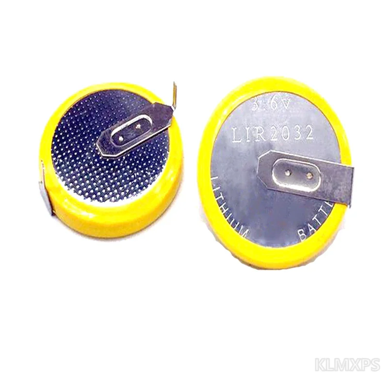 Rechargeable Lithium Coin Cell Battery LIR2032 3.6V 180-Degree Horizontal Fillet Welding Foot, 5pcs/lot Replacement Battery Pack