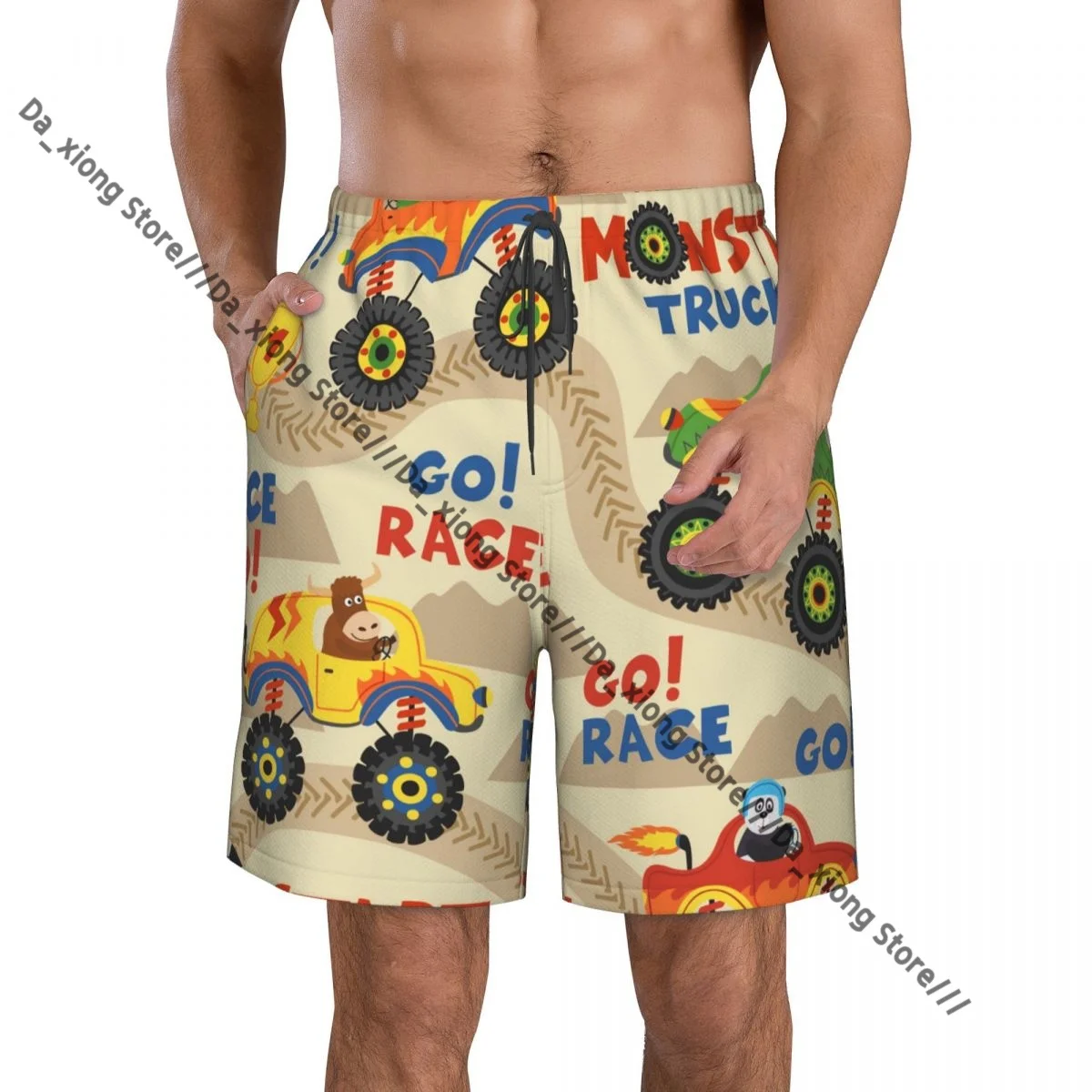 

Men's Beach Short Swim Shorts Monster Trucks With Animals On Race Track Surfing Sport Board Shorts Swimwear
