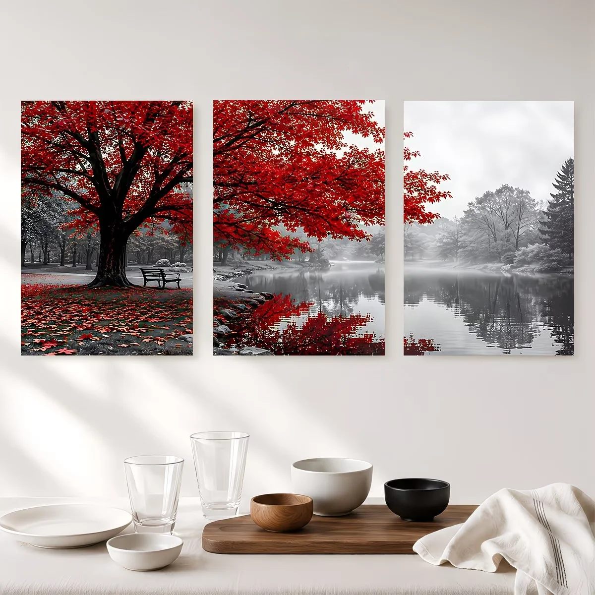 

3Pcs DIY Diamond Embroidery Red Tree Lake Landscape Diamond Painting for Adults Beginners Mosaic Flower Handmade