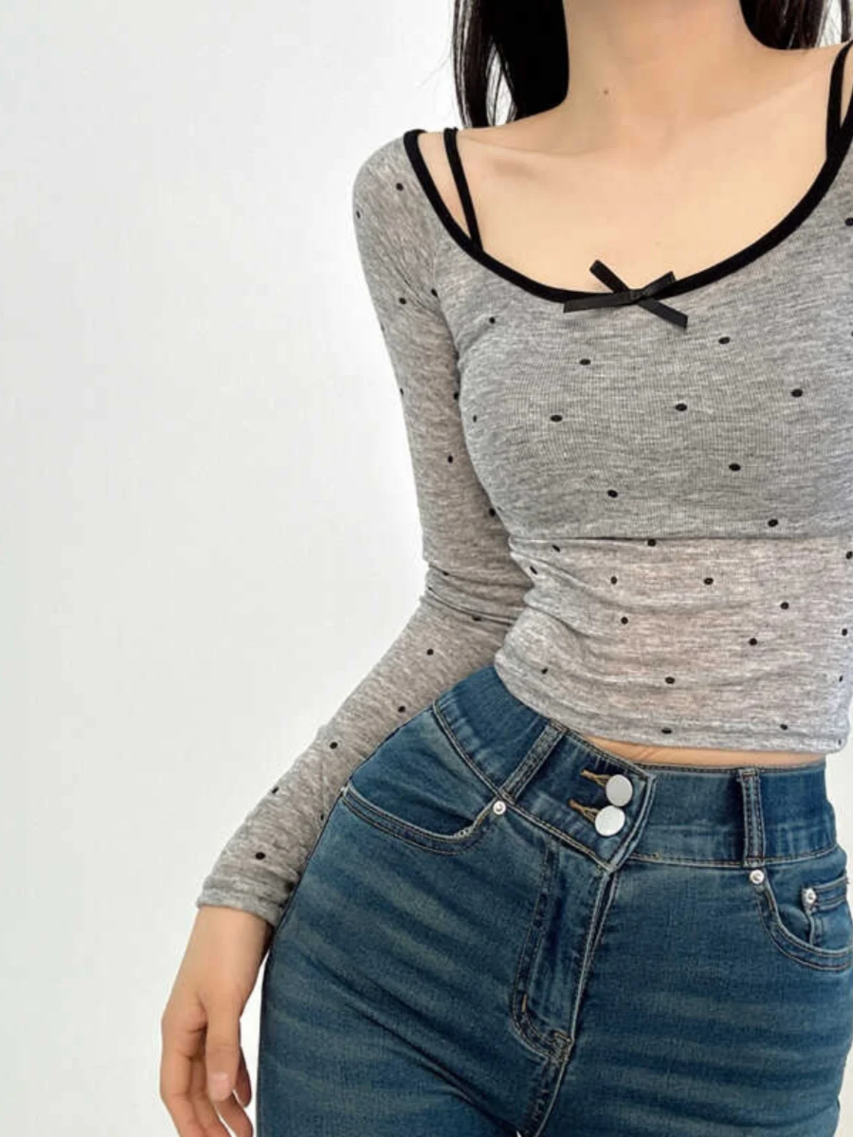 Summer One 2024 Off Shoulder Pure Desire Slim Long Sleeve T-shirt Women Sling Vest Two Piece Set Bow Low Collar Top RVQQ