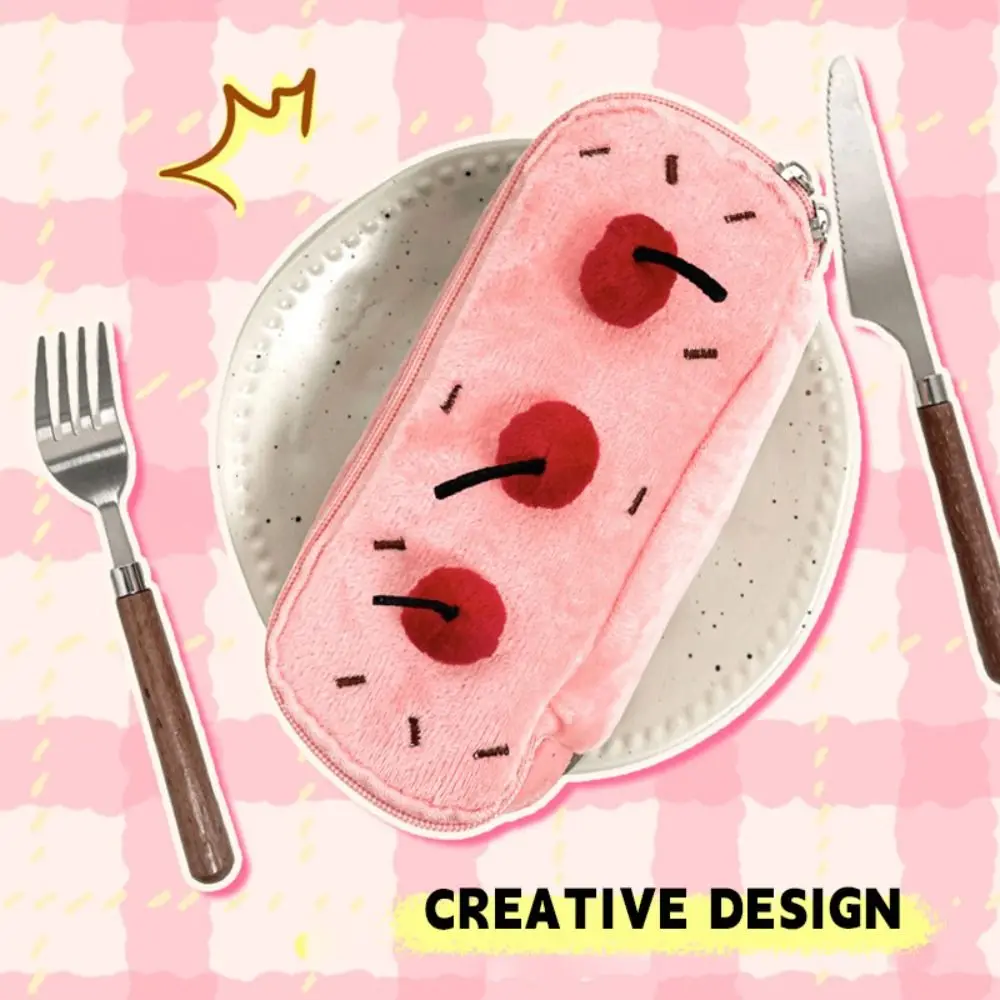 New Plush Pen Bag Cherry Cake Portable Stationery Bag Large Capacity Multifunction Pen Pouch Students