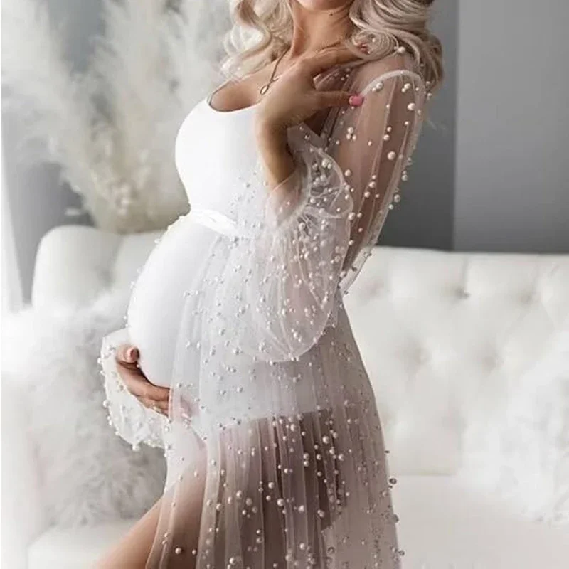 Pearl Maternity Dress  Photoshoot Multi layer perspective  Bridal Lingerie Baby Shower Dress платье для беременных فساتين حوامل