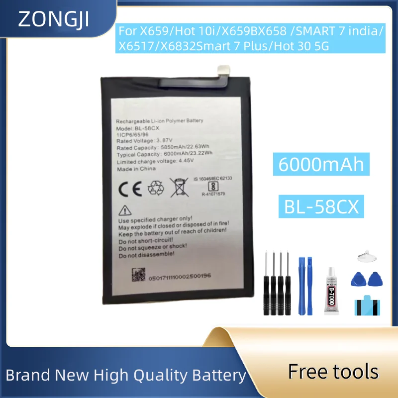 

Новый аккумулятор 6000 мАч BL-58CX для X659 Hot 10i X659B, аккумуляторы для мобильных телефонов + бесплатные инструменты