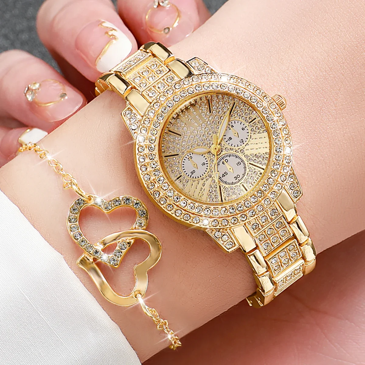 Luxury Three Eyes Dial Wristwatch Ladies Fashion Full Diamond Alloy Strap Watch With Heart Jewelry Set(Without Box)