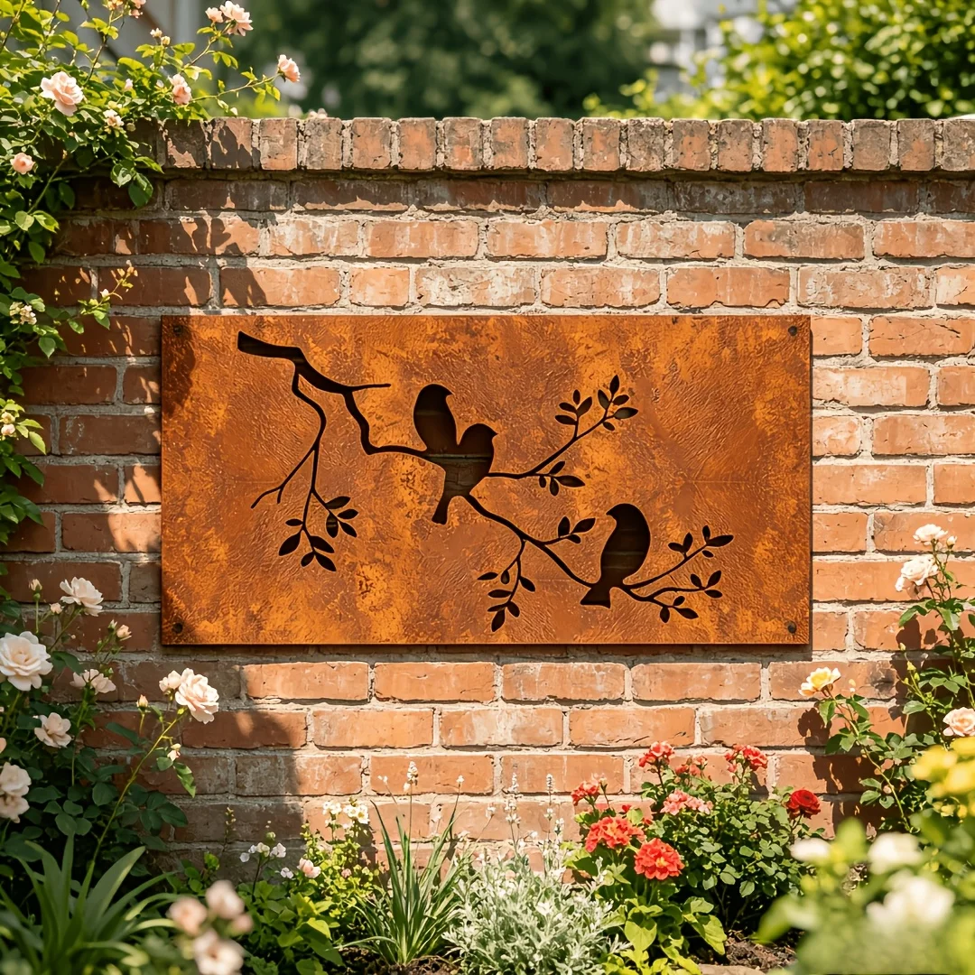 1pc Nature Lover Metal Wall Sculpture 2D Flat Rust Engraved Privacy Panel Outdoor Patio Garden Ornament