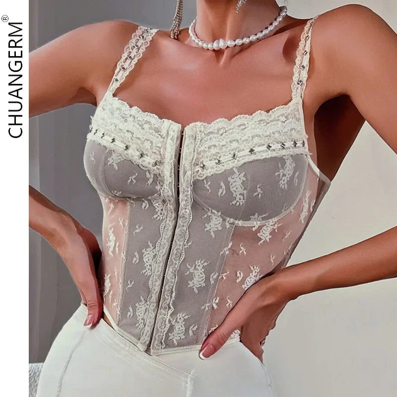 CHUANGERM Sexy Lace Sheer Mesh Tank Tops Sleeveless Front Buckle Partywear Summer Sexy Lingerie Camisole Slim Vest For Women