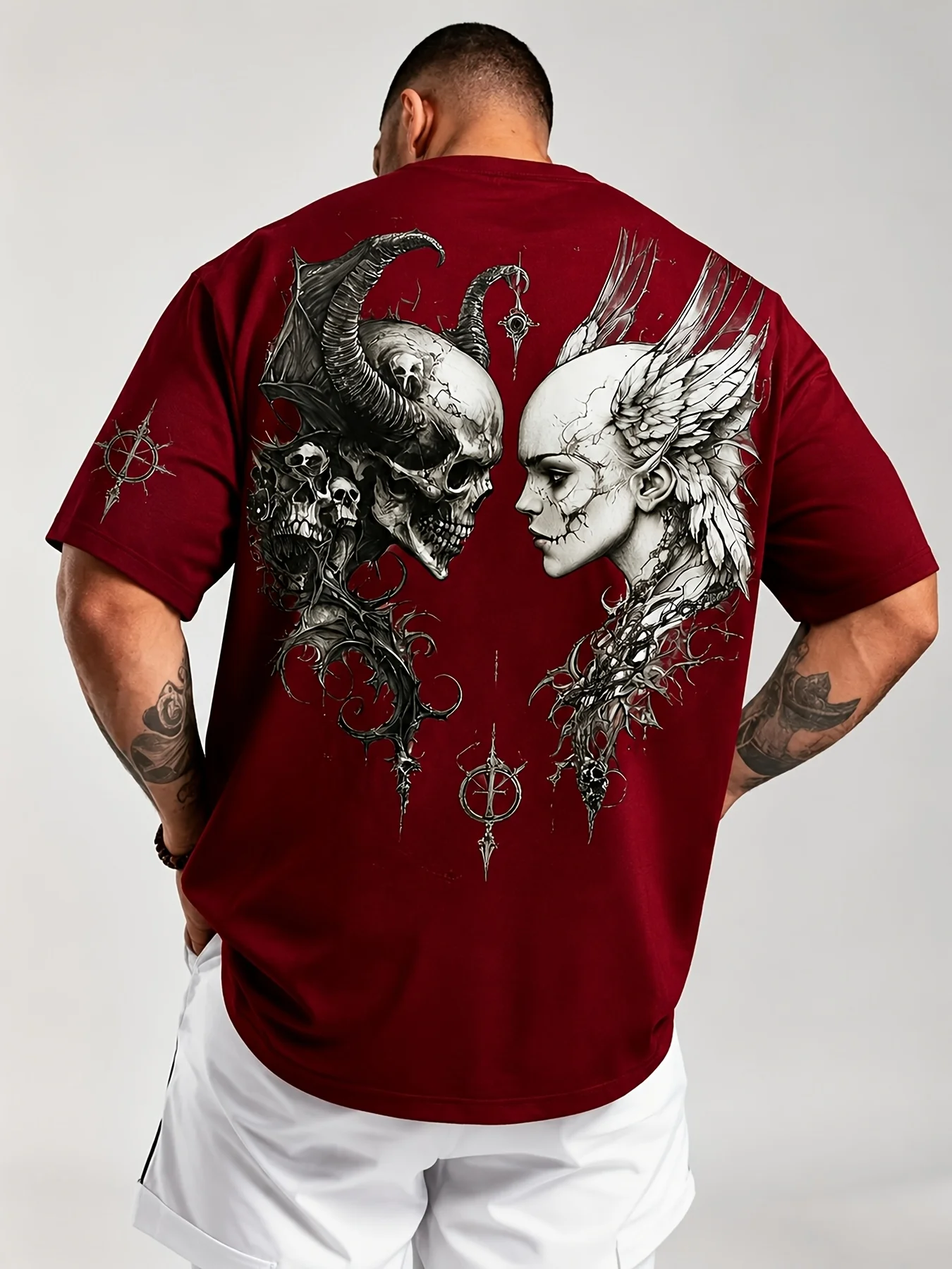 Men's Gothic Demon Skull Angel Lady Back Print T-Shirt Wine Red Dark Fantasy Crew Neck Oversized Top