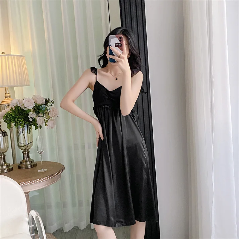 Women Mid-Length Nightdress Silky Satin Home Dress Sexy Strap Nightgown Summer Sleepwear Suspender Sleepdress Loungewear