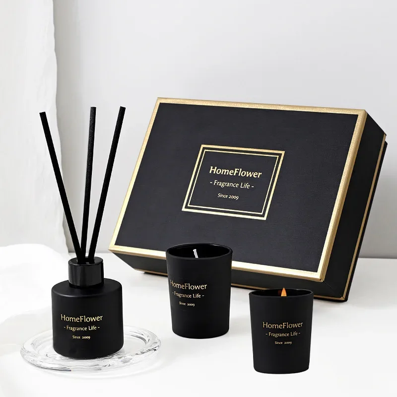 

High-end Reed Difffuser and Candle Gift Set with Black Packaging Box, Home Fragrance Present for Friend and Family