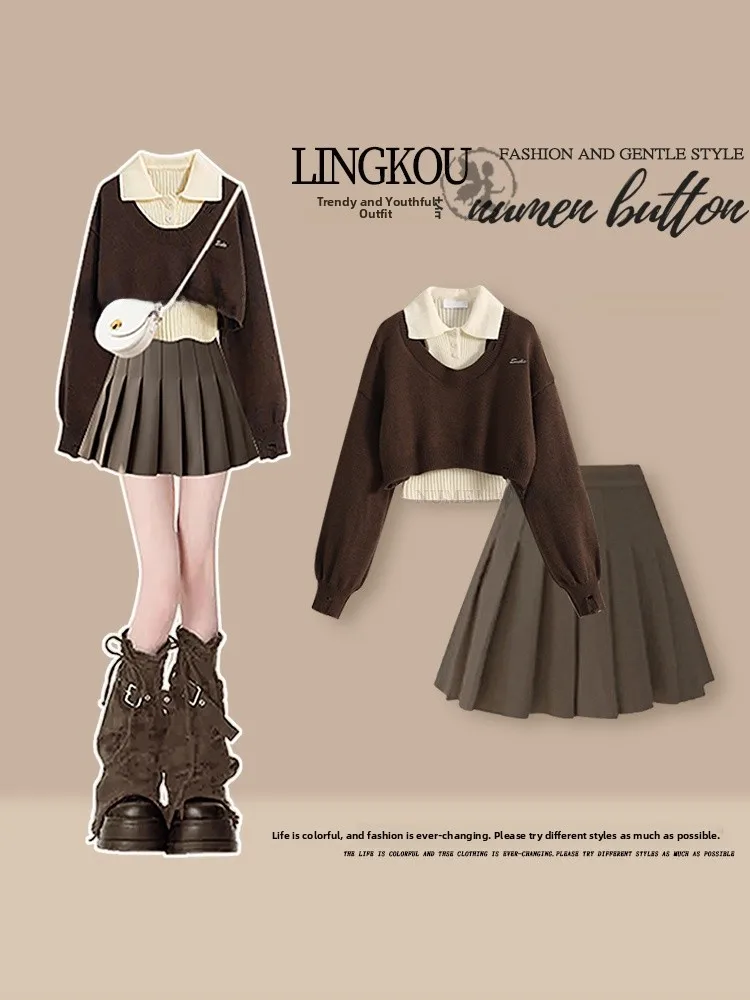 Conjunto de Suéter Tejido Informal con Falda Corta de Cintura Alta y Camiseta, Colección Otoño de NUMEN BUTTON