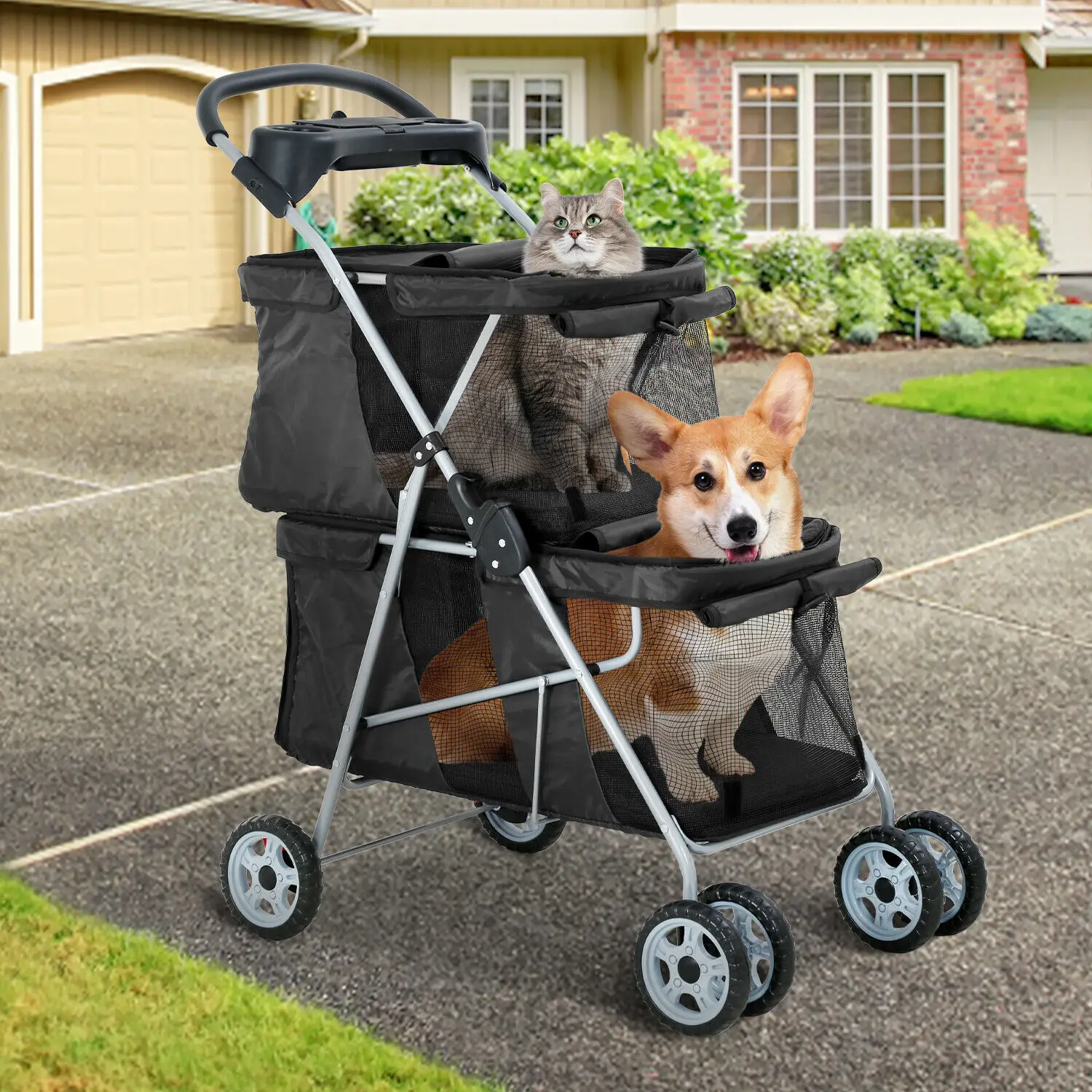 US 4-Wheeled Pet Stroller, 2 Cage Stroller, Cat and Dog Travel Folding Strap, Black