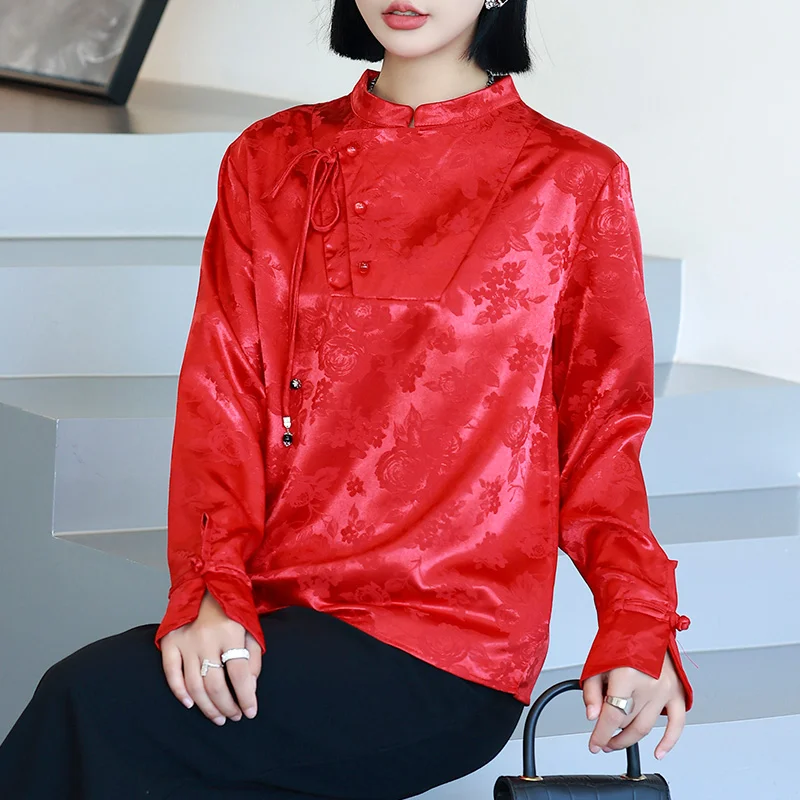 Chinese Style Woman Shirt Imitation Silk Jacquard Shirt Buckle Stand Up Collar Red Top Long Sleeve Vintage Women's Clothing