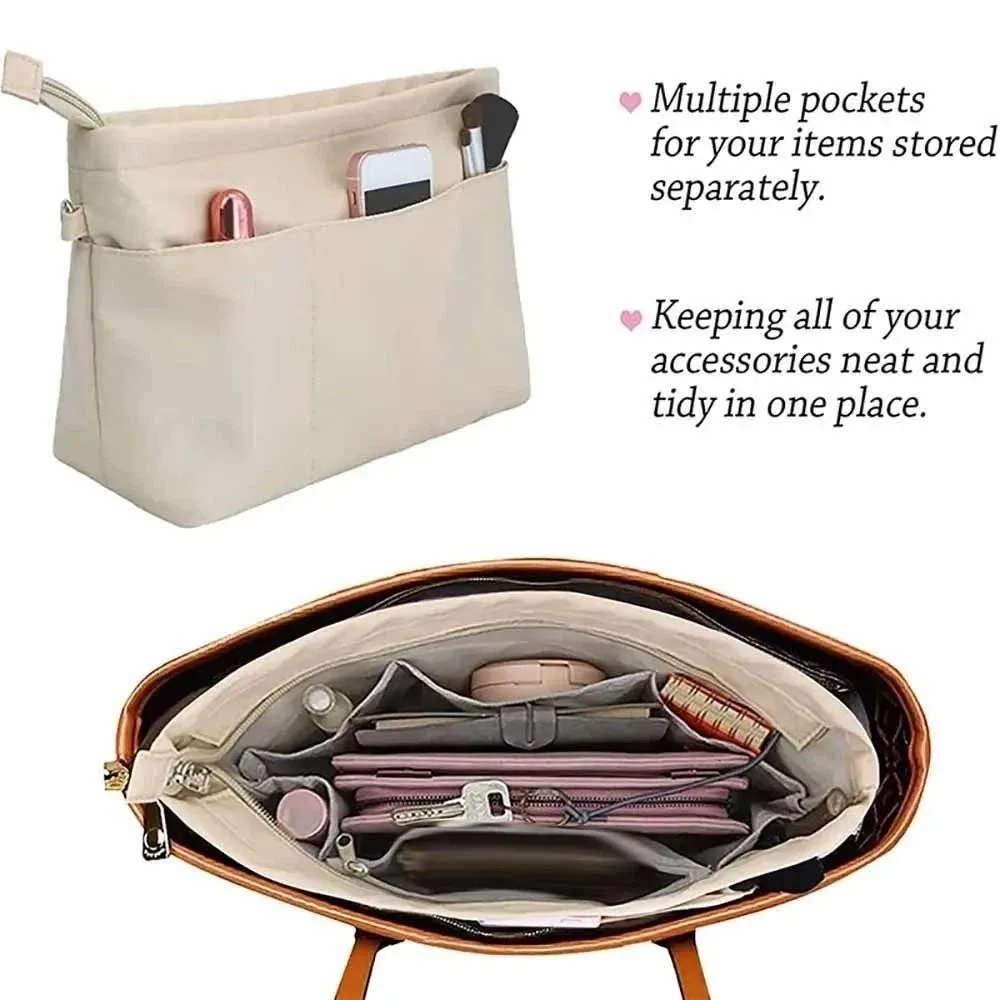 Cosmetic Organizer Insert Bag with Zipper Storage Bags Multi-Pocket Handbag Multifunctional Solid Color Inner Bag