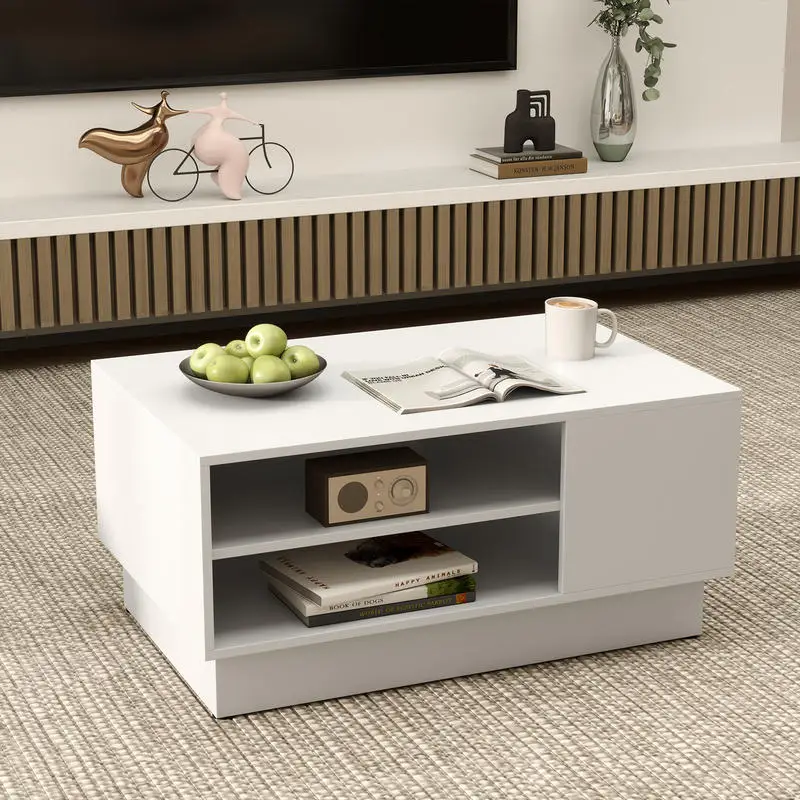 Coffee Table Center Table Wood Coffee Table With 2-Tier Open Storage Shelves, Small Coffee Table for Small Spaces, Apartment Living Room Table for Single-Person Apartments and Cozy Homes, Compact White Design