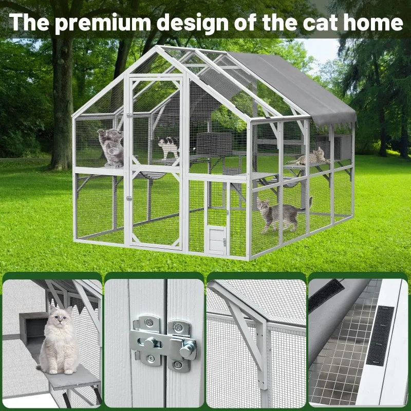 110 Inch Outdoor Cat House x Waterproof Cover Grey White Large Cat Enclosure Playpen With Platforms Bridge For Multi Cat Safety