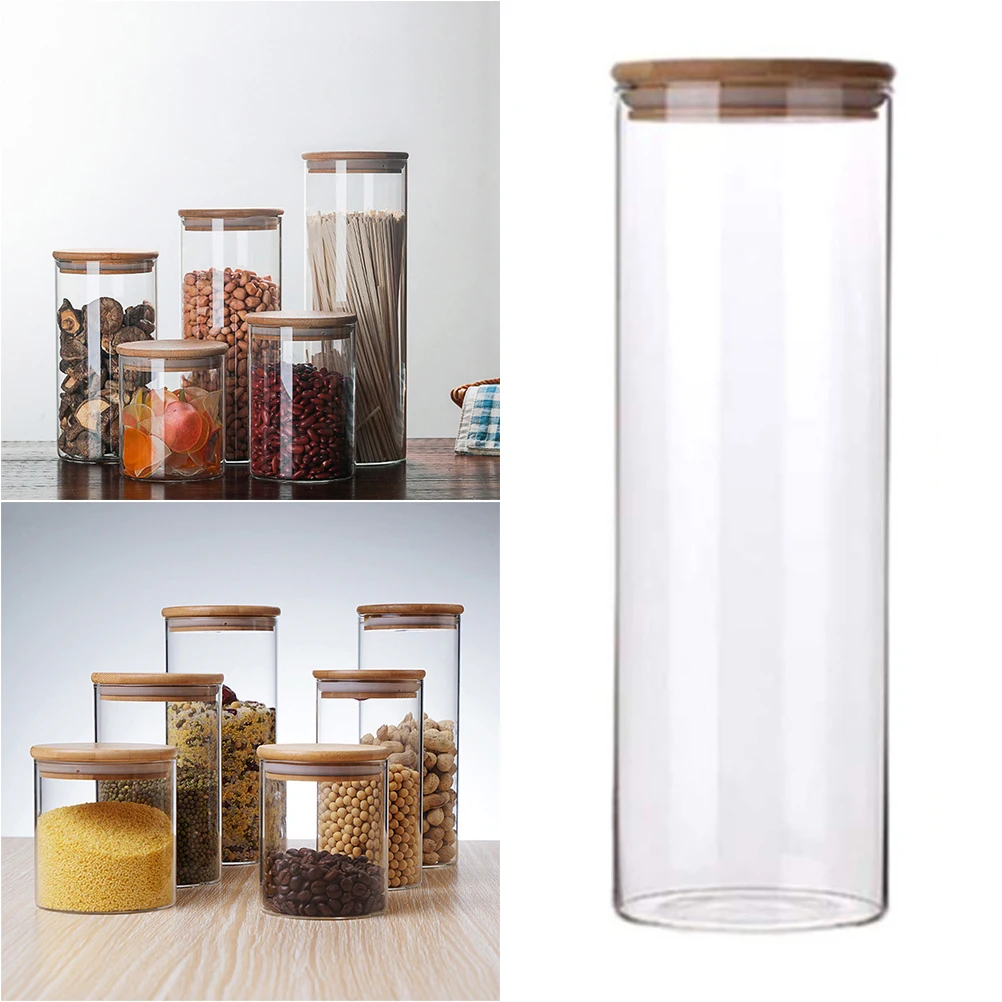

1800ml Transparent Glass Jars Storage Container for Tea Coffee Spice Candy (10x25cm, with Bamboo Cover)