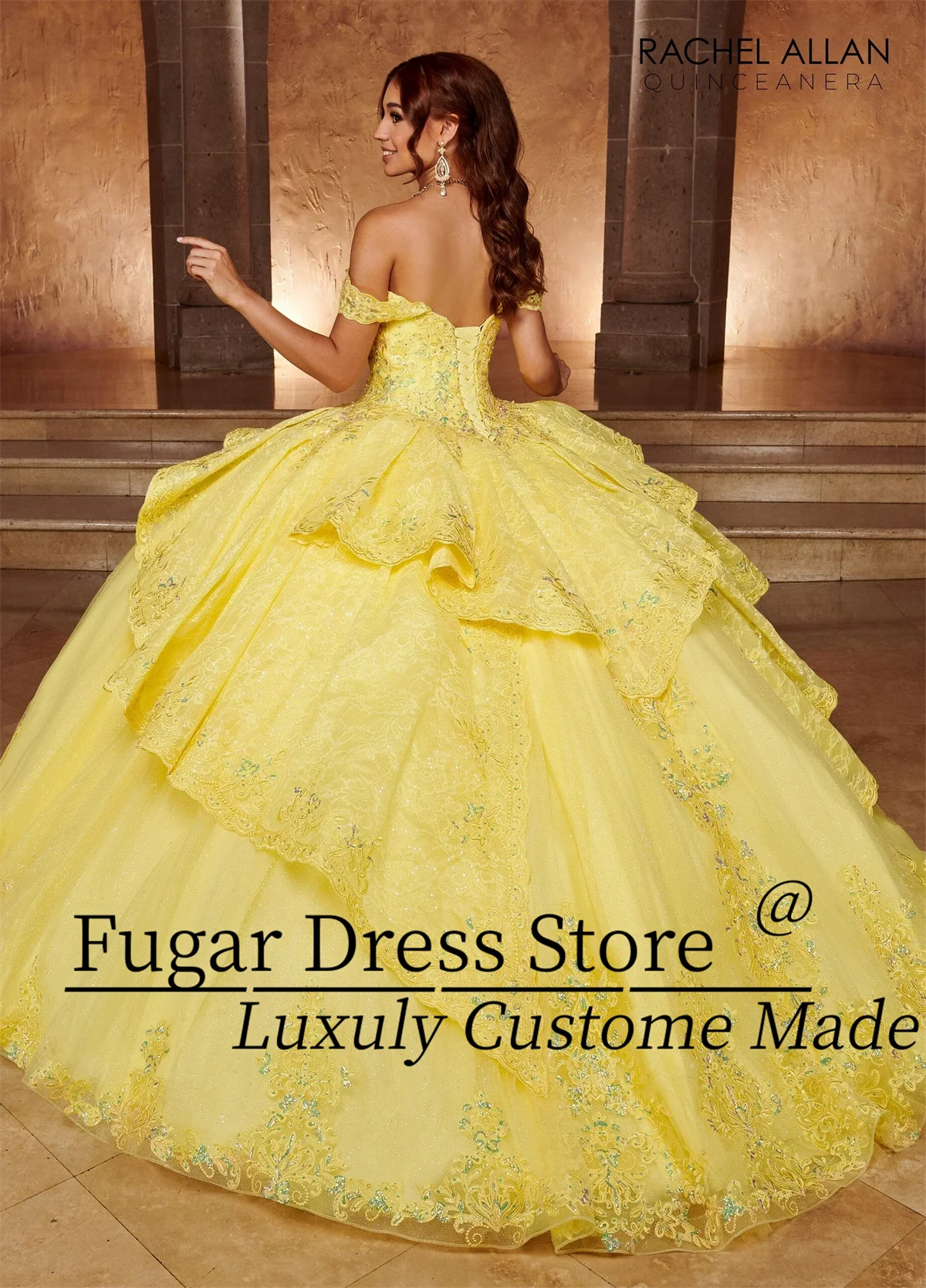 Yellow A-line layering Quinceanera Dresses Fashion Strapless Sequin embroidery beads Detachable bow tie vestidos para niñas