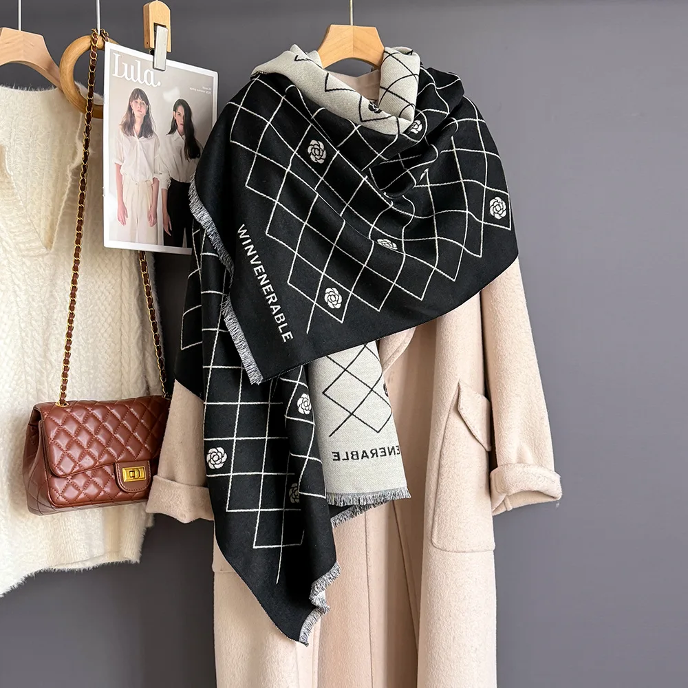 

Fashion Elegant Flower Plaids Faux Cashmere Scarf Soft Long Shawl Women Autumn Winter Warm Neckerchief Casual Party Wraps