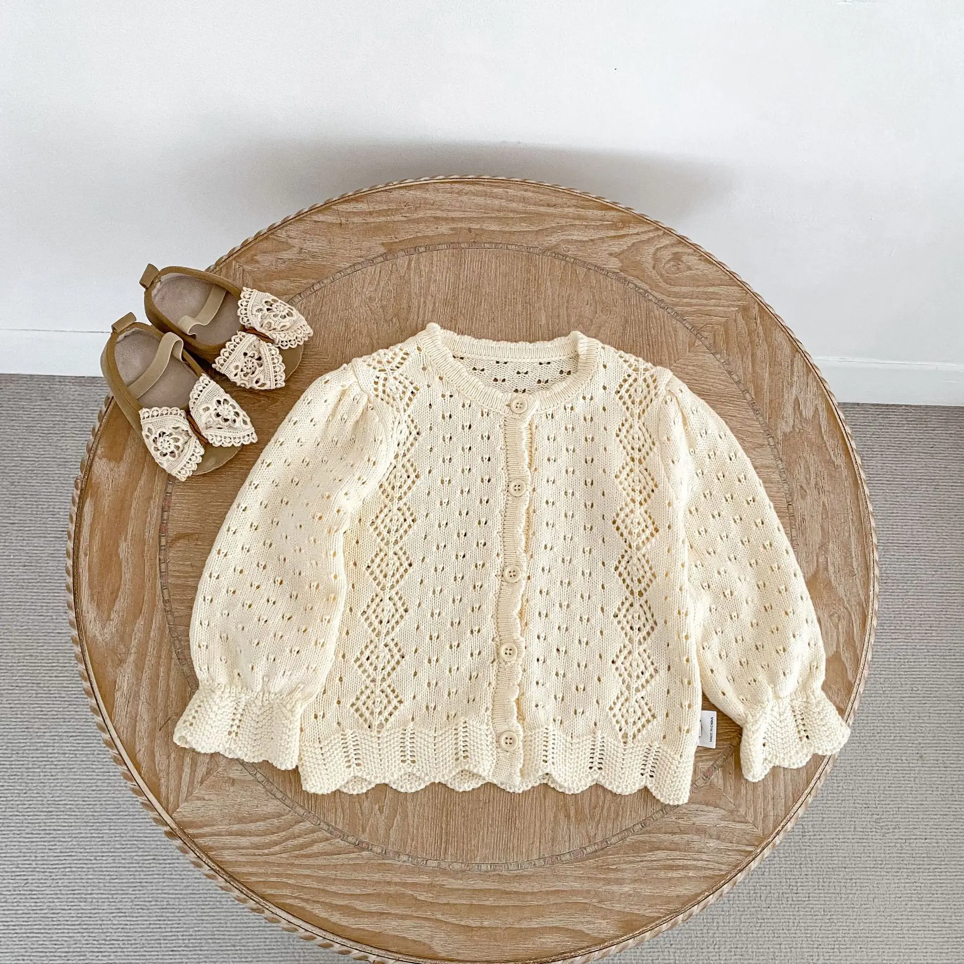 Baby Girls Hollow Knit Sweater Cardigan Autumn Long Sleeve Scalloped Edge Knitwear Infant Toddler Knitted Sweater Outerwear