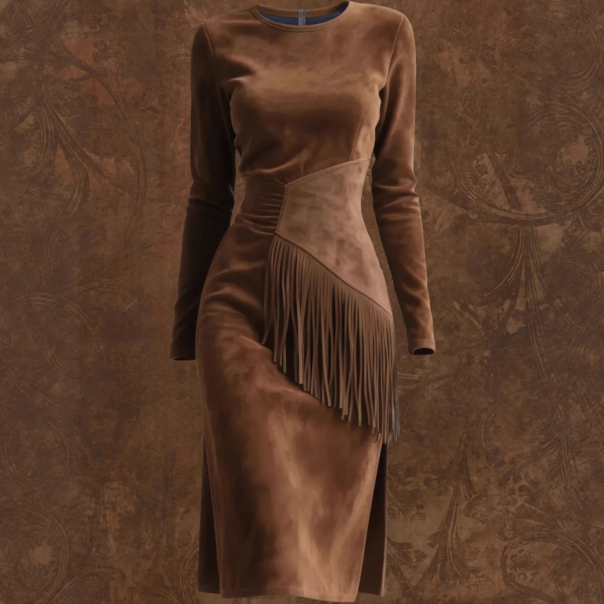 

Cross-Border European And American Amazon New Women's Retro Western Round Neck Slim Fit Long Sleeve Tassel Dress