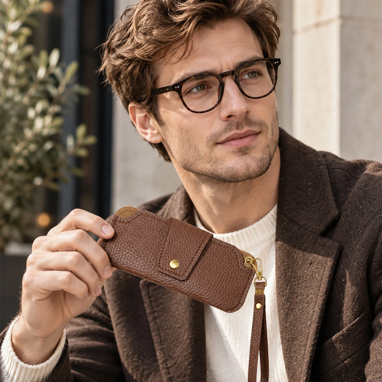 1 Stück Brillenetui aus PU-Leder mit Handschlaufe und Druckknopf, tragbarer, weicher Brillenhalter, Aufbewahrungsbeutel für Herren, ideal für den täglichen Gebrauch, Reisen und das Büro.