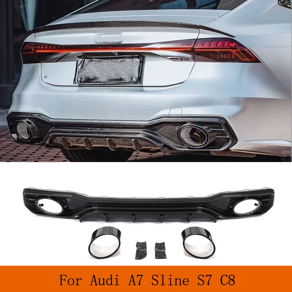 Car Rear Bumper Diffuser Lip Spoiler For Audi A7 Sline S7 C8 2019-2021 Dry Carbon Rear Diffuser Spoiler Splitters Exhaust Tips