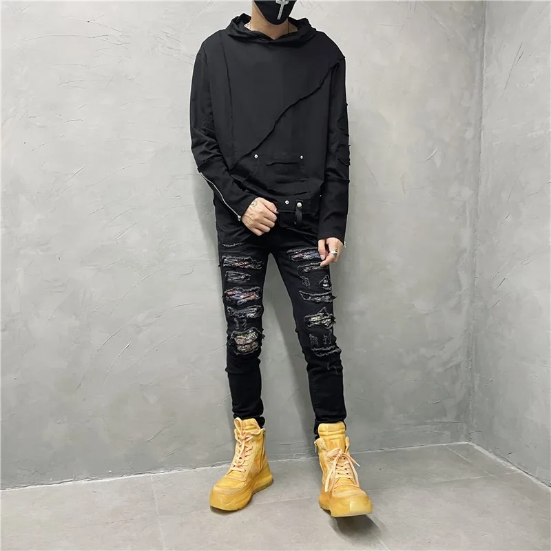 Dark Retro Personalized T-shirt Men's Washed Stitching Patchwork Loose Hooded Bottoming Shirt Fashion Trendy Designer Top