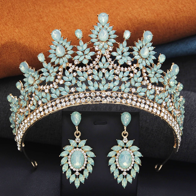 2 Pcs Opal Green Crown and Earrings Sets Royal Queen Tiaras Set for Wedding Hair Jewelry Party Prom Diadem Pageant Bridal