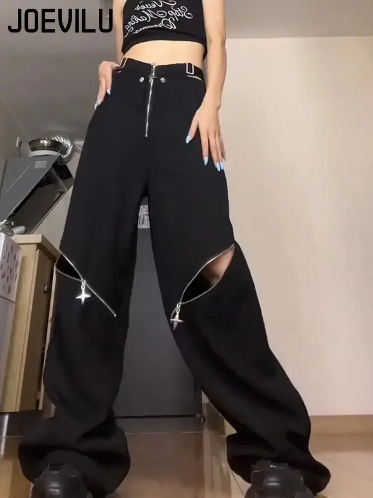 Americano retro high street coringa buraco calças de carga feminina 2025 novo oversized preto y2k calças largas perna calças moletom