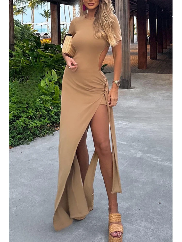 2024 European and American Spring/Summer Ins new backless strap slim fit sexy slit solid color street dress