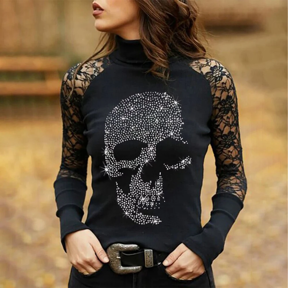 Fashion Spider Hot Drill Print Ladies T-Shirt Solid Lace Sexy Women TShirt Y2k Gothic Tee Long Sleeve Shopping Clothing Tops New