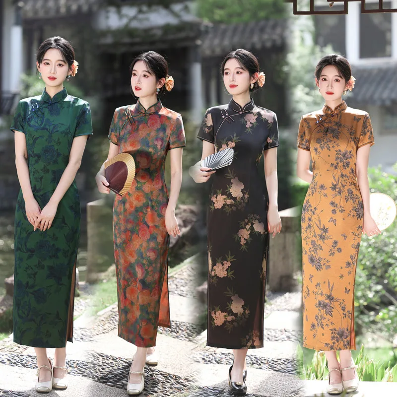 

Chinese Style Womens Qipao Chinese Dress Vintage Mandarin Collar Print Cheongsam Elegant Sexy Long Vestidos Performance Costume