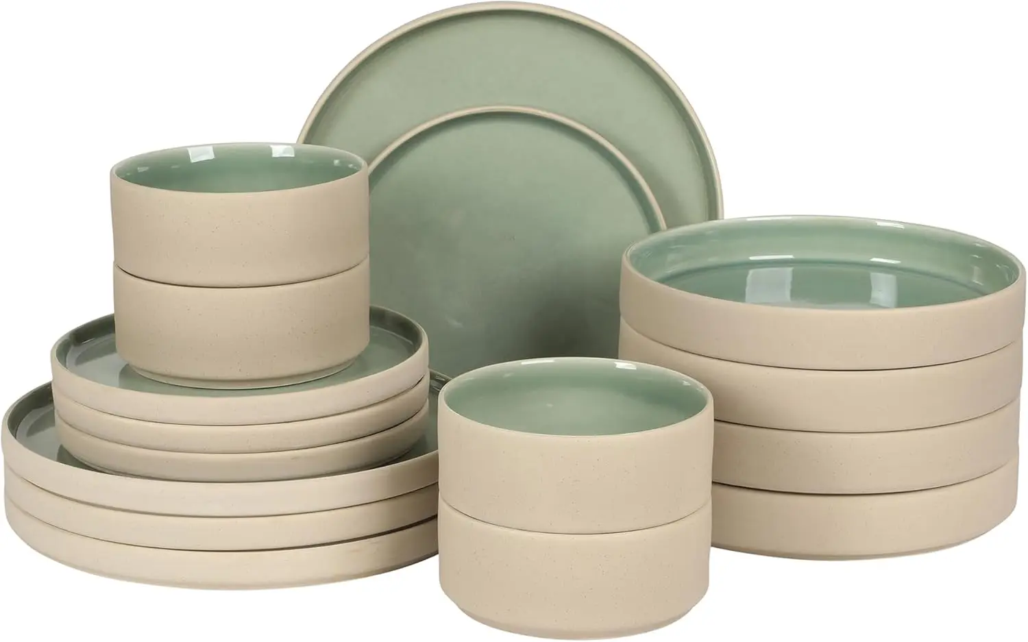 

Liberty Bay 16-Piece Pottery Clay Stoneware Dinnerware Set – Mint Green Reactive Glaze, Stackable Plates and Bowls W/Pa