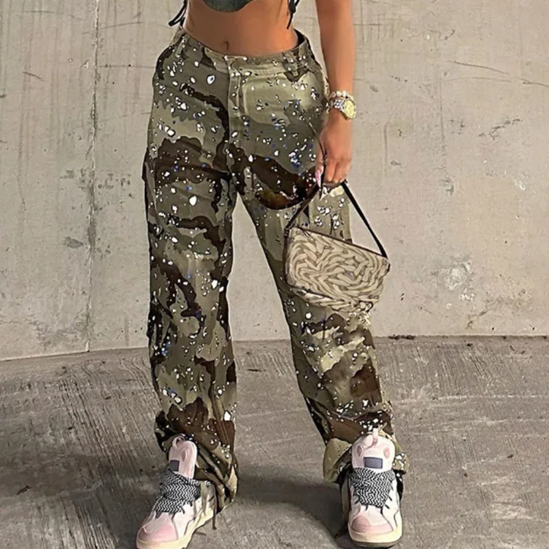 

Casual Camouflage Cargo Street Y2k Pants Women Summer Hipster High Waist Button Zipper Pocket Patchwork Straight Leg Trousers