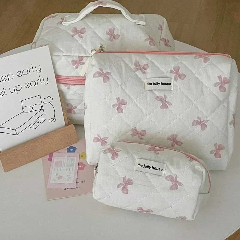 Borsa per organizer per trucco da donna con stampa coreana con fiocco Custodia per cosmetici dolce per articoli da toeletta da viaggio Borsa per