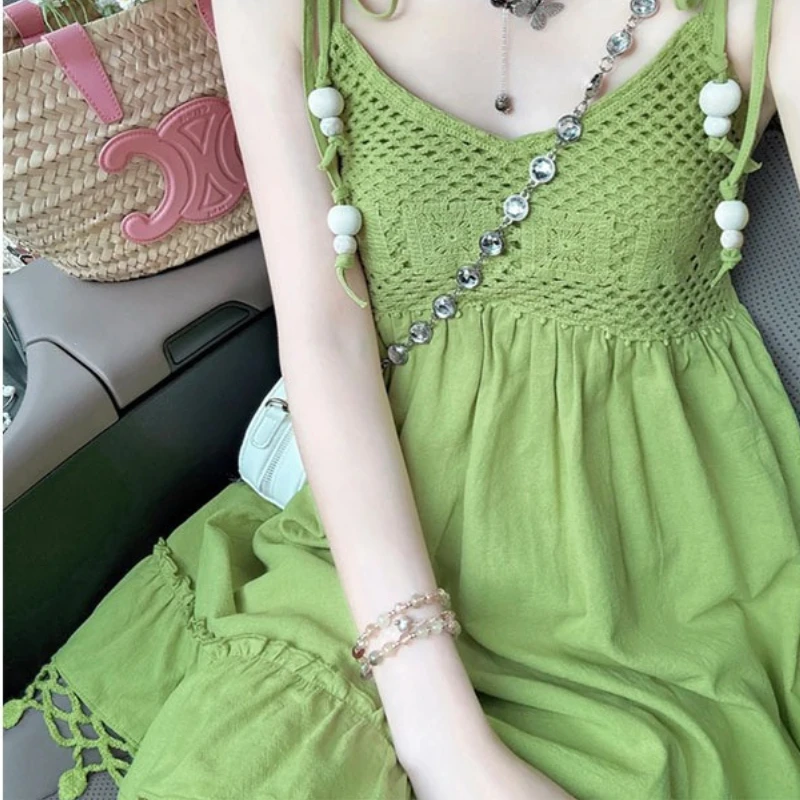 2025 Women's New Summer Suspender Dress Avocado Green Knitted Hollow Draped A-line Dress Fresh and Sweet Seaside Vacation Skirt