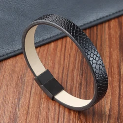 Simple Style snake bracelet men Leather Black Stainless Steel Clasp Neutral Accessories Hand-woven Charm Jewelry Gifts