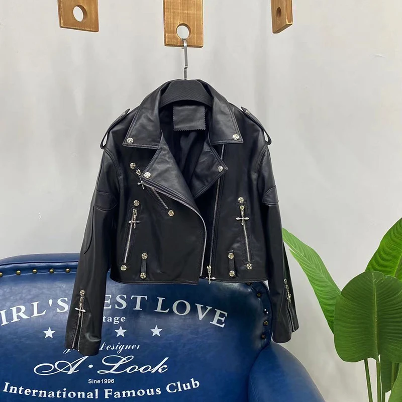 معطف نسائي رائع من الجلد ort Jaet مصنوع من الجلد الطبيعي لراكبي الدراجات النارية للربيع والخريف وصل حديثًا بقصة ضيقة وسحاب طويل
